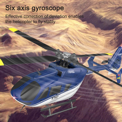 RC ERA C187 EC135 flybarless helicopter demonstrating 6-axis gyro stabilization in mountain flight