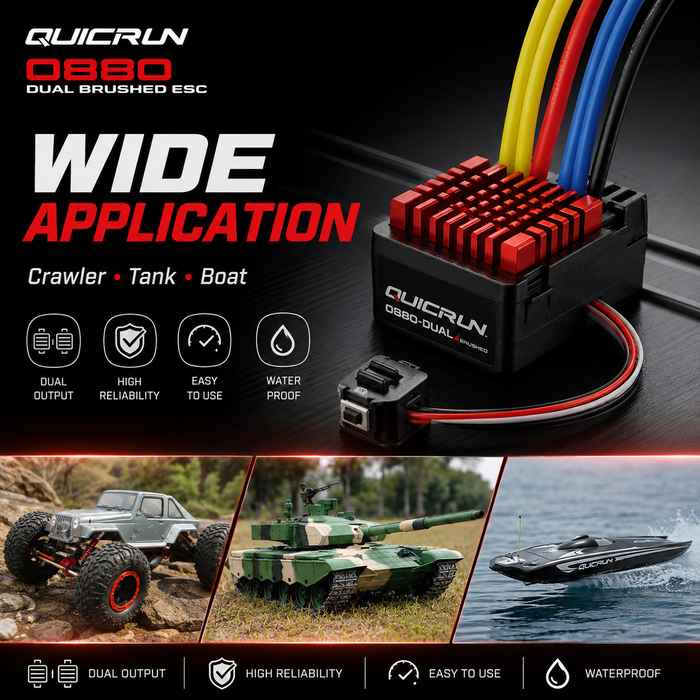 ESC Hobbywing QuicRun 0880 duplo com escovas, 60 A, 2–4S, para crawlers RC 1/8 e 1/10