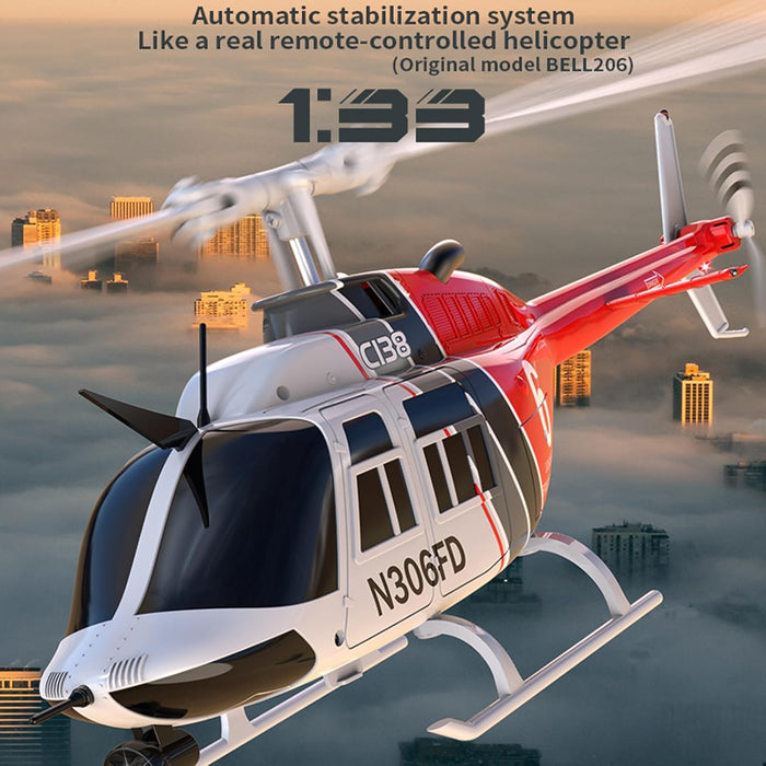 RC ERA C138 Bell 206 1:33 flybarless RC helicopter hovering above city skyline