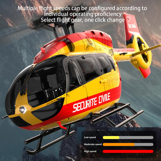 C190 H145 scale RC helicopter in red-yellow rescue scheme with multi-speed flight modes for beginners and adults
