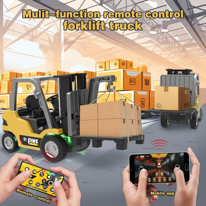 1/64 HG4-244 RC forklift lifting cargo boxes using 2.4GHz remote control in realistic warehouse scene
