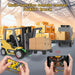 1/64 HG4-244 RC forklift lifting cargo boxes using 2.4GHz remote control in realistic warehouse scene