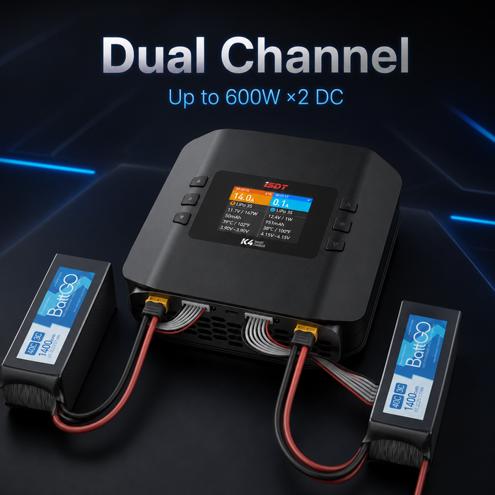 ISDT K4 dual channel LiPo charger with up to 600W per channel on DC power