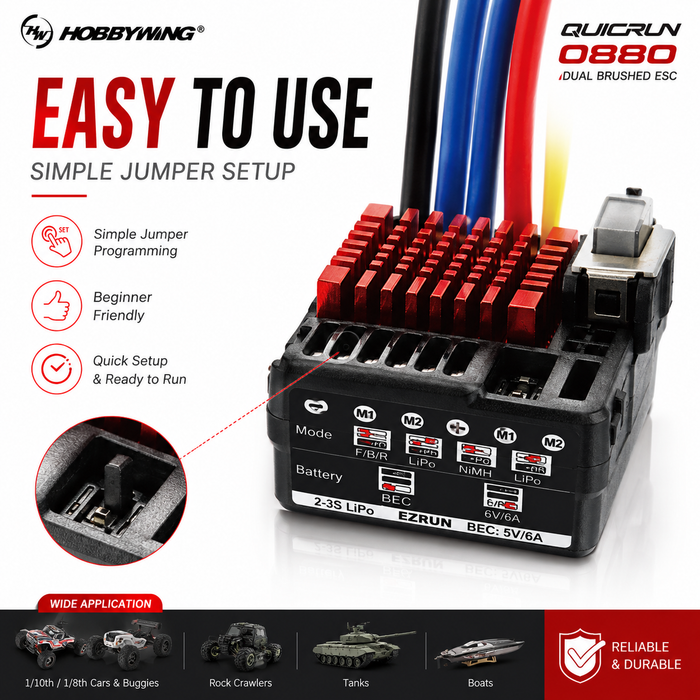 ESC Hobbywing QuicRun 0880 duplo com escovas, 60 A, 2–4S, para crawlers RC 1/8 e 1/10