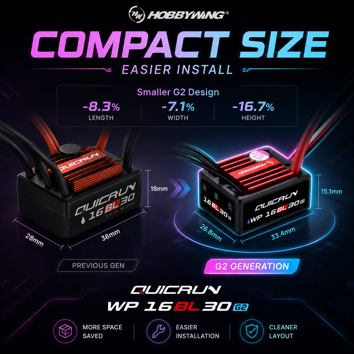 Hobbywing QUICRUN WP 16BL30 G2 30A 2-3S Waterproof Brushless ESC for 1/16 1/18 RC Cars