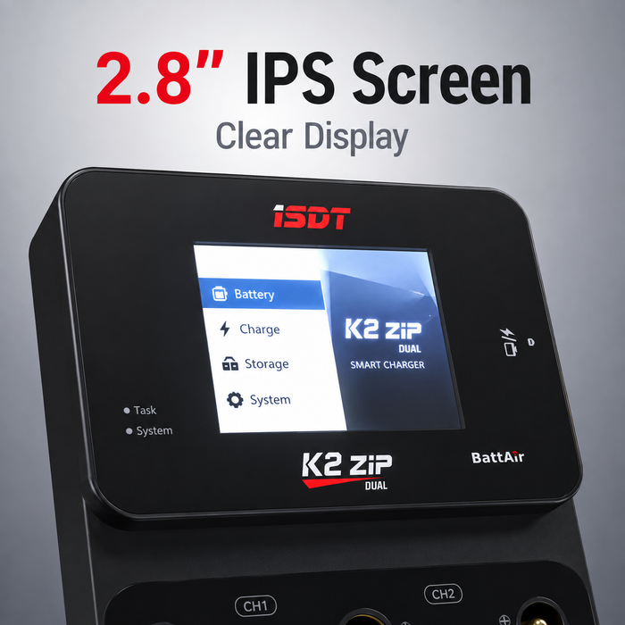 ISDT K2 ZIP 2.8 inch IPS display showing battery charging information