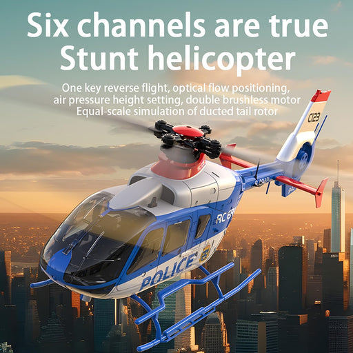 RC ERA C123 EC135 Flybarless Brushless RC Helicopter in Blue/White Police Livery over City Skyline