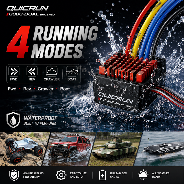 ESC Hobbywing QuicRun 0880 duplo com escovas, 60 A, 2–4S, para crawlers RC 1/8 e 1/10