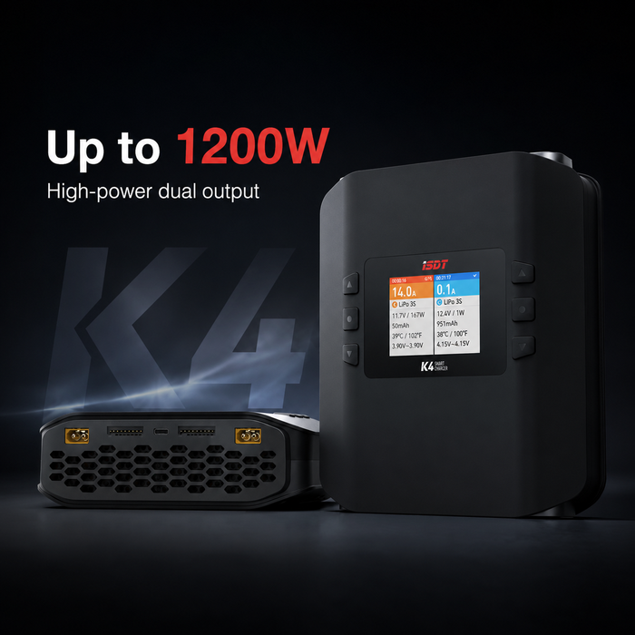 ISDT K4 high power RC charger with up to 1200W combined dual channel DC output