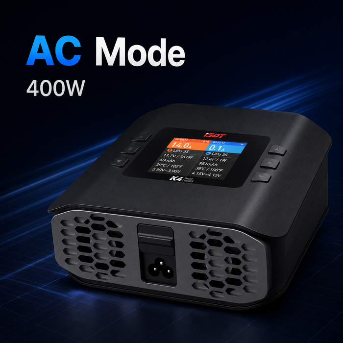 ISDT K4 AC mode RC battery charger with up to 400W total charging power