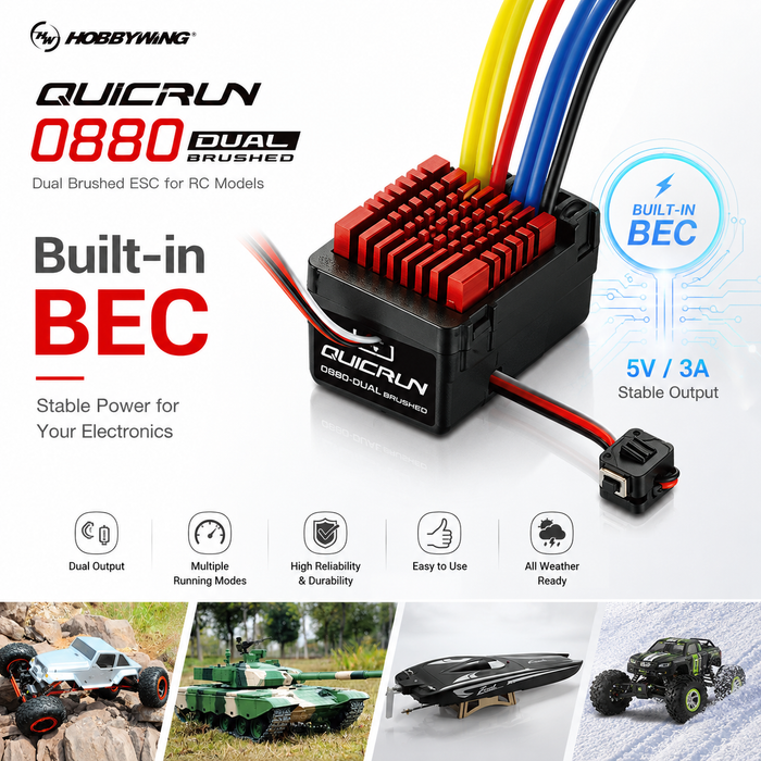 ESC Hobbywing QuicRun 0880 duplo com escovas, 60 A, 2–4S, para crawlers RC 1/8 e 1/10