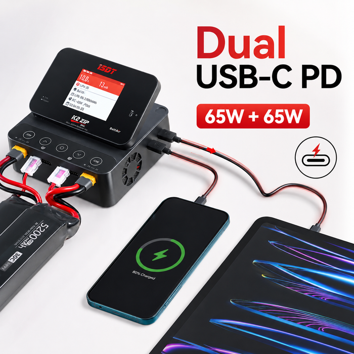 ISDT K2 ZIP dual USB-C PD 65W ports for charging phones and portable devices