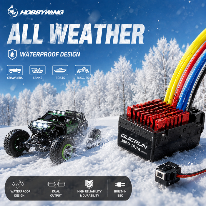 ESC Hobbywing QuicRun 0880 duplo com escovas, 60 A, 2–4S, para crawlers RC 1/8 e 1/10