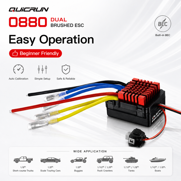 ESC Hobbywing QuicRun 0880 duplo com escovas, 60 A, 2–4S, para crawlers RC 1/8 e 1/10