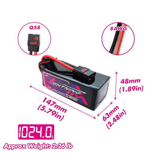 Size and weight overview of cnhl 6700mah 8s 120c lipo battery