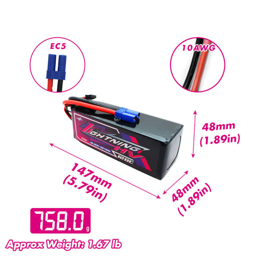 Size and weight overview of cnhl 6700mah 6s 120c lipo battery