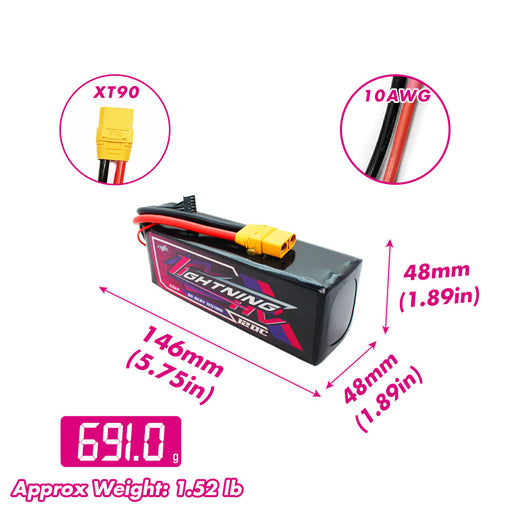 Size and weight overview of cnhl 5500mah 6s 120c lipo battery