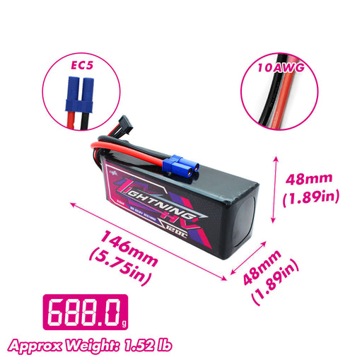 Size and weight overview of cnhl 5500mah 6s 120c lipo battery
