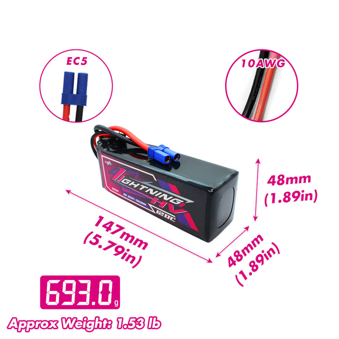Size and weight overview of cnhl 6000mah 6s 120c lipo battery