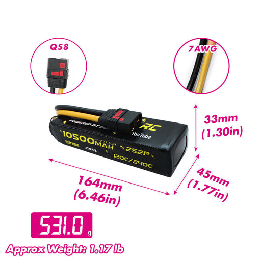 Size and weight overview of cnhl 10500mah 2s 120c lipo battery