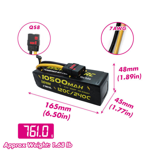 Size and weight overview of cnhl 10500mah 3s 120c lipo battery