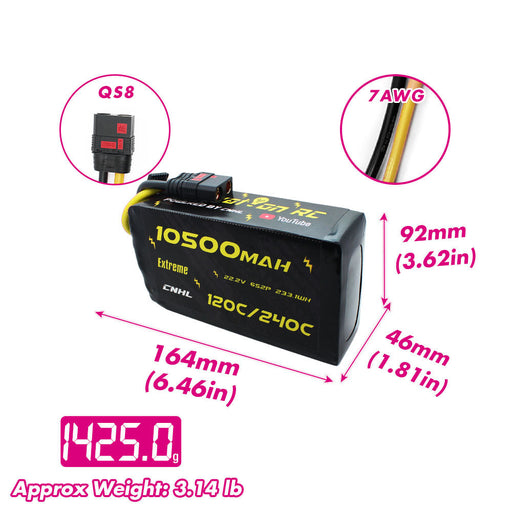 Size and weight overview of cnhl 10500mah 6s 120c lipo battery