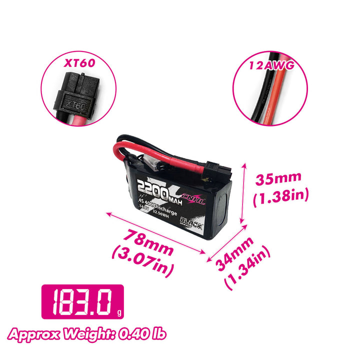 Size and weight overview of cnhl 2200mah 4s 40c lipo battery