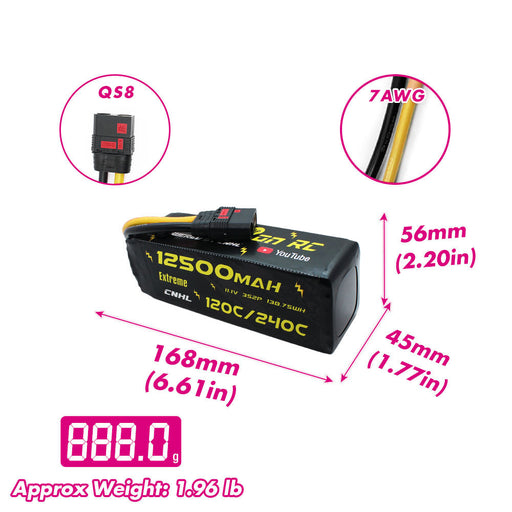Size and weight overview of cnhl 12500mah 3s 120c lipo battery