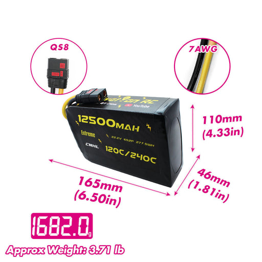 Size and weight overview of cnhl 12500mah 6s 120c lipo battery