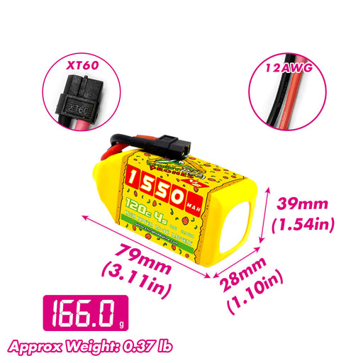 Size and weight overview of cnhl 1550mah 4s 120c lipo battery