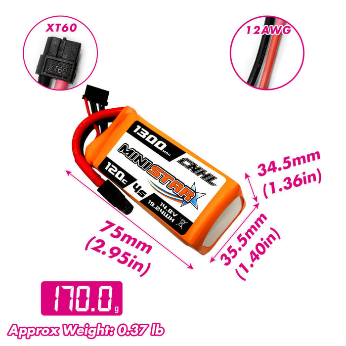 CNHL Black Series 1300mAh 14.8V 4S 100C Lipo Battery with XT60 Plug