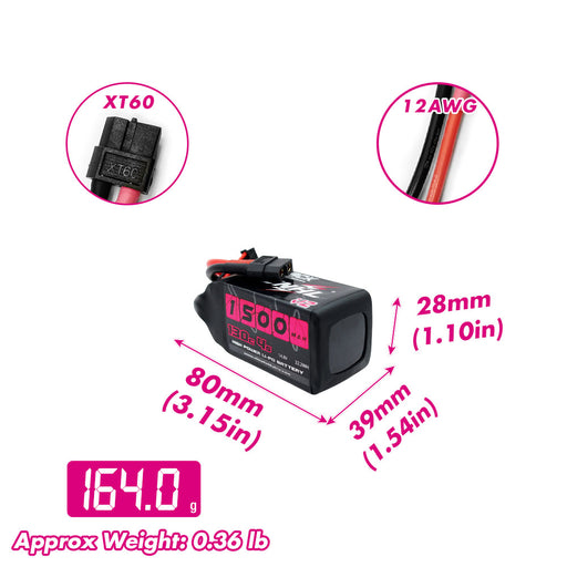 Size and weight overview of cnhl 1500mah 4s 130c lipo battery