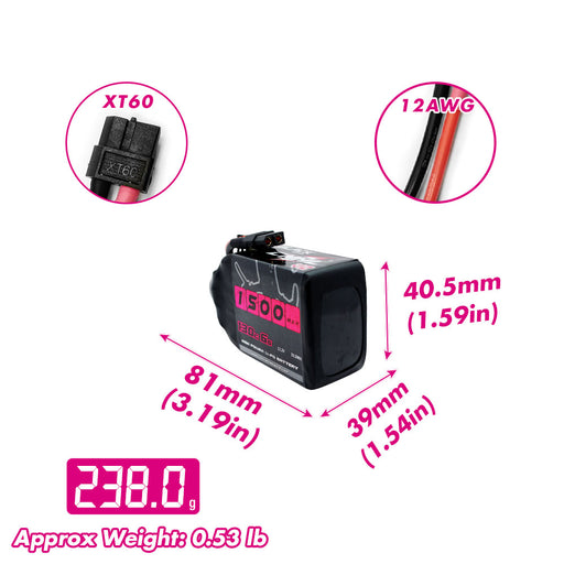 Size and weight overview of cnhl 1500mah 6s 130c lipo battery