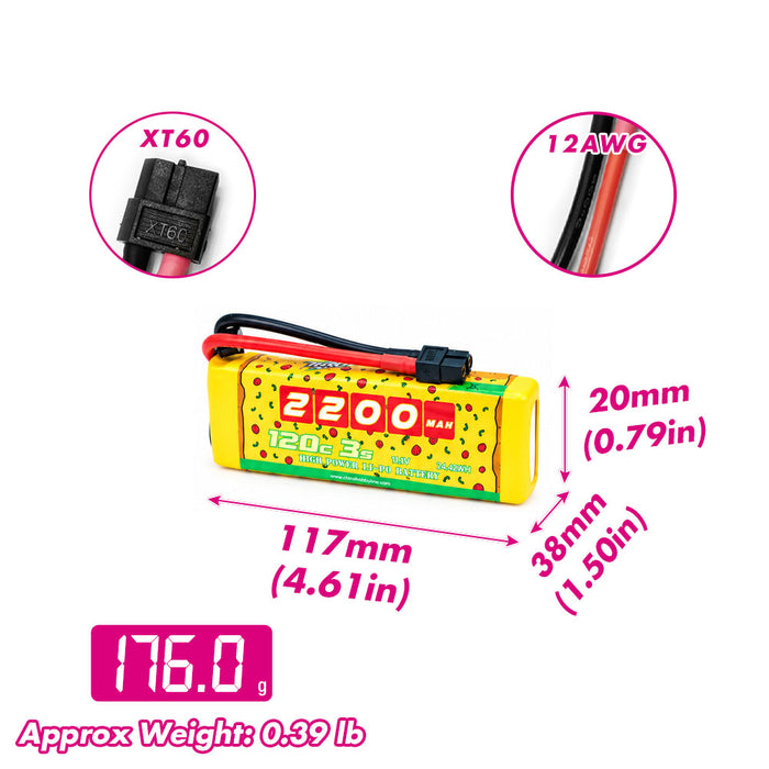 CNHL Speedy Pizza 2200mAh 3S LiPo battery dimensions 117 x 38 x 20mm and approximate weight 176g