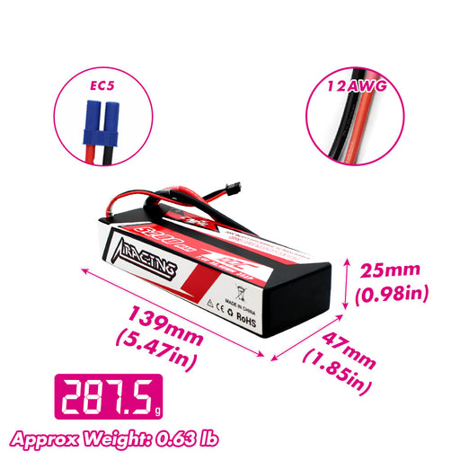 CNHL Racing 5200mAh 2S hardcase LiPo battery dimensions 139 × 47 × 25mm, 287.5g weight and EC5 connector