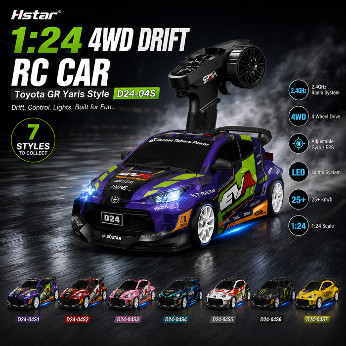 Hstar D24-04S 1:24 Toyota GR Yaris style 4WD gyro drift RC car with 7 livery options