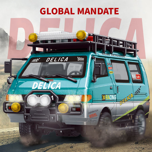 Delica JXC5813A 1/24 2WD RC van front view with LED headlights and roof rack on dirt road