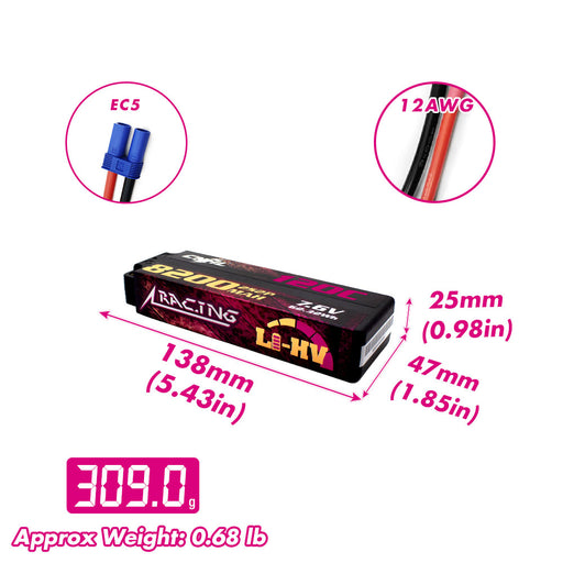 CNHL Racing Series LiHV 8200mAh 7.6V 2S 120C HV Hard Case Lipo Battery with EC5 Plug For RC Racing