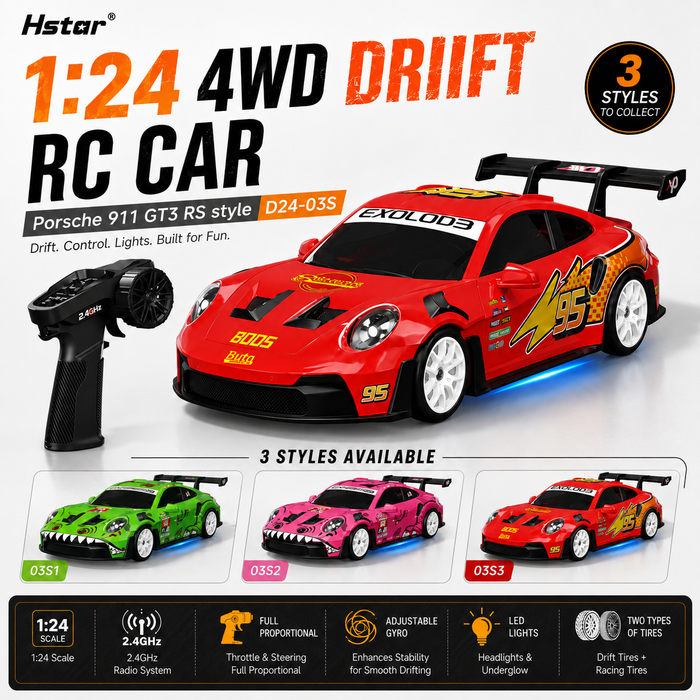 Hstar D24-03S 1:24 Porsche 911 GT3 RS style 4WD gyro drift RC car with 3 livery options