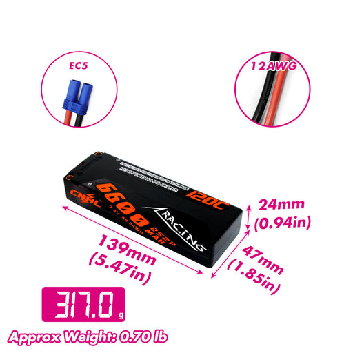 CNHL Racing Series 6600mAh 7.4V 2S2P 120C Hard Case Lipo Battery with EC5 Plug