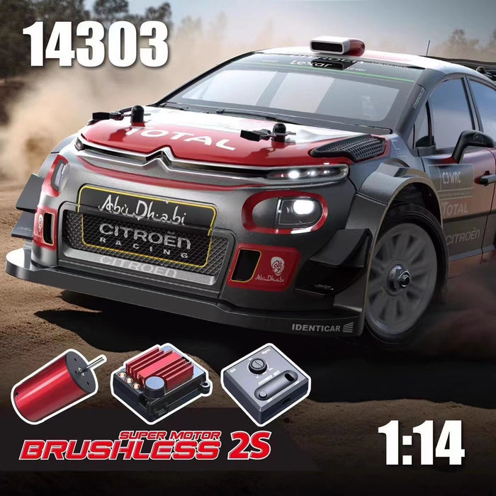 MJX Hyper Go 14303 1/14 Brushless 4WD RC Rally Car Citroen C3 WRC style racing on dirt road