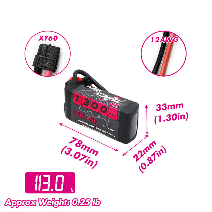 Size and weight overview of cnhl 1300mah 3s 130c lipo battery