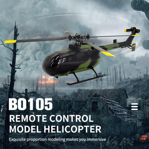 RC ERA C186 BO-105 Flybarless RC Helicopter flying over battlefield terrain with LED headlight