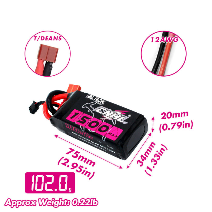[Combo] 2 Packs CNHL Black Series 1500mAh 7.4V 2S 100C Lipo Battery with T/Dean Plug