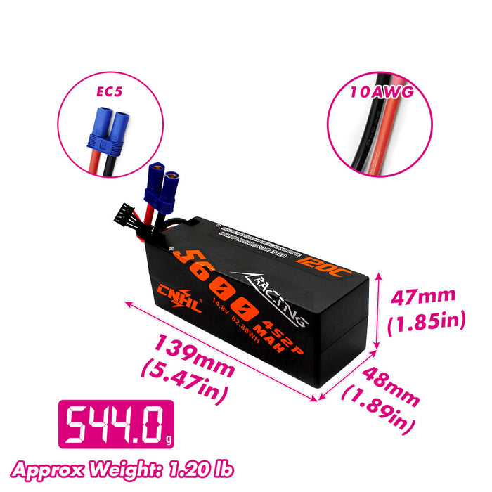 [Combo] 2 Packs CNHL Racing Series 5600mAh 14.8V 4S2P 120C Hard Case Lipo Battery with EC5 Plug