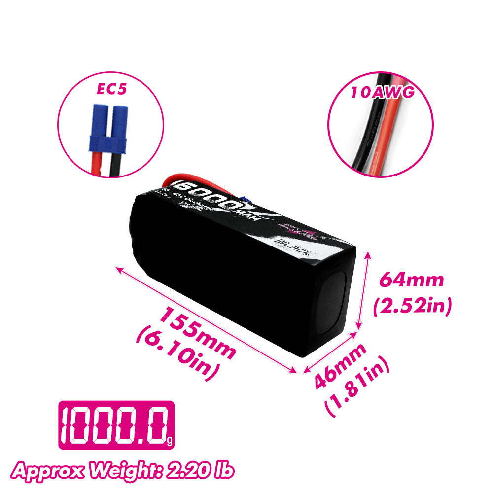 miih _22 6000mAh 22.2V 6S 65C RC Lipo Battery | EC5 Plug — ChinaHobbyLine