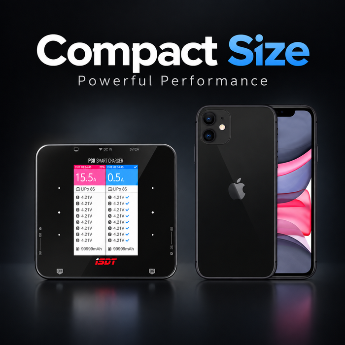 ISDT P30 compact high power 8S LiPo battery charger size comparison