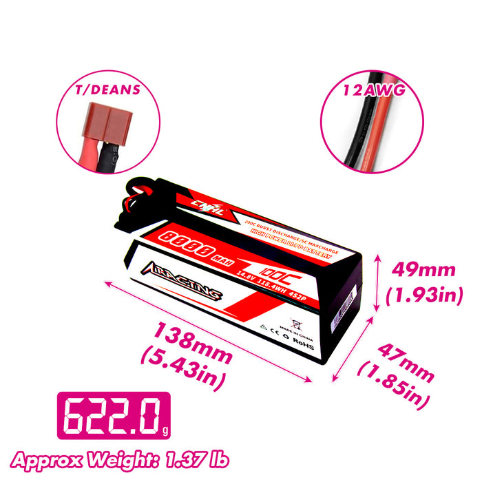 CNHL Racing Series 8000mAh 14.8V 4S 100C Hard Case Lipo Battery with T/Dean Plug