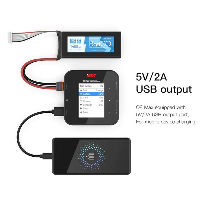 ISDT Q8 Max charger with 5V 2A USB output for mobile device charging