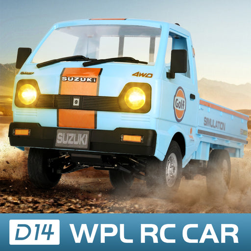 WPL D14 Suzuki Carry style 1/10 RC truck driving off-road with LED headlights on